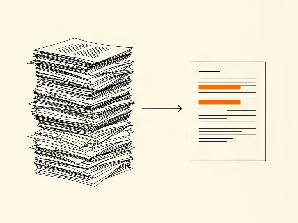 A tall stack of contracts turned into one page with the risky clauses flagged in orange.