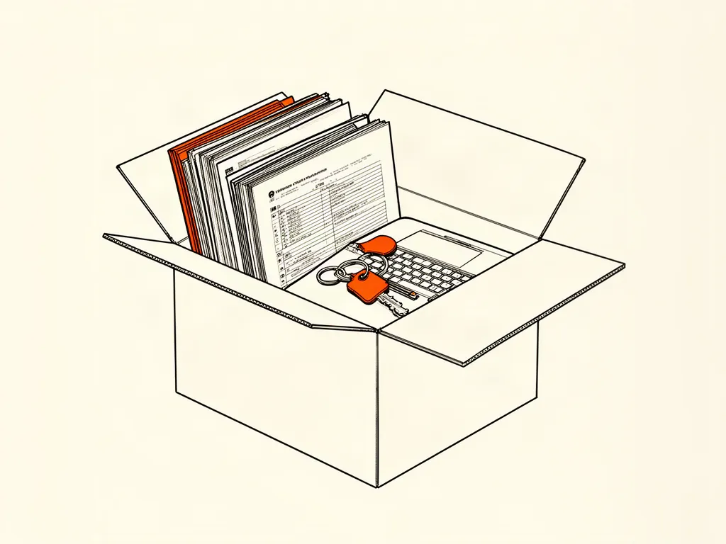 An open box holding folders, a manual, a laptop, and a key: everything handed over.